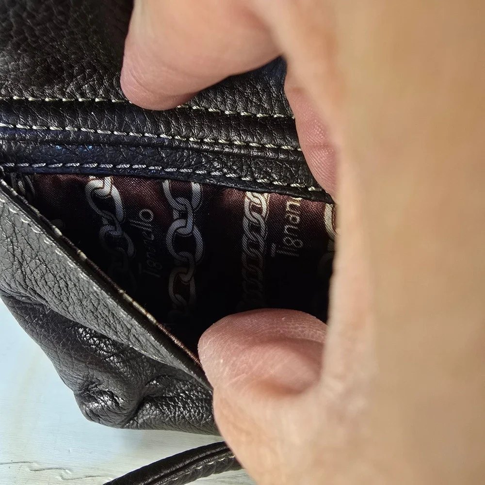 Tignanello Dark Brown Pebbled Leather Crossbody‎ Bag Organizer Contrast Stitch